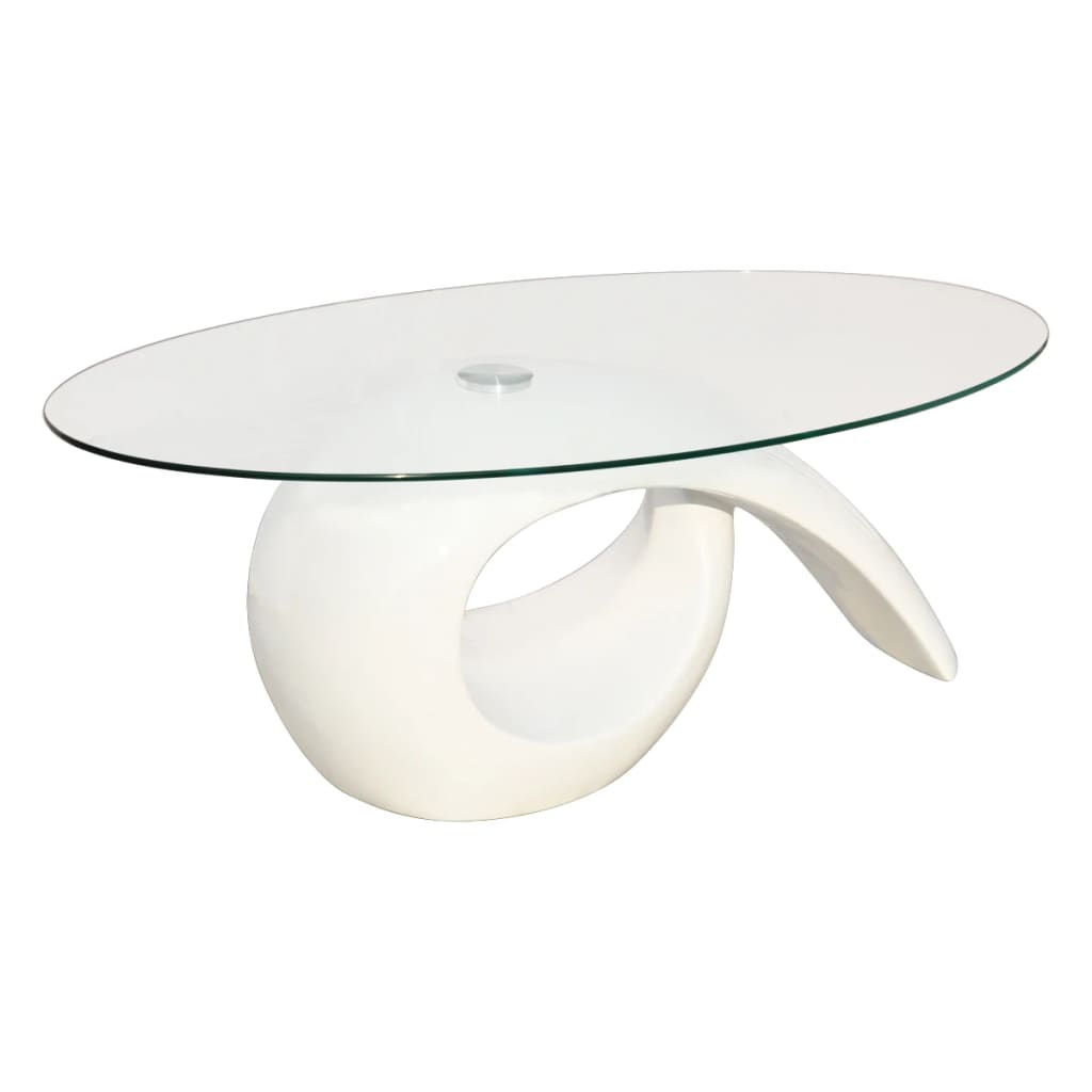 Coffee table with oval glass top, glossy white