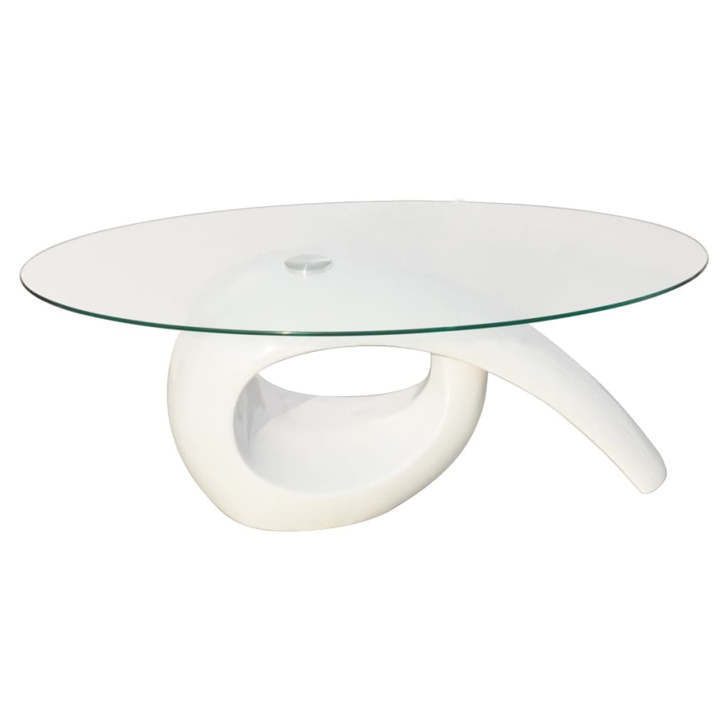 Coffee table with oval glass top, glossy white