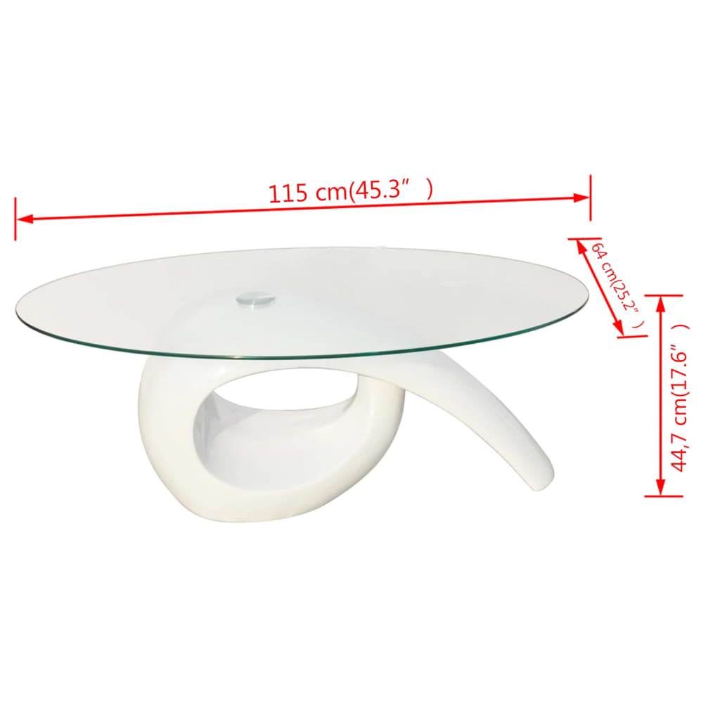 Coffee table with oval glass top, glossy white