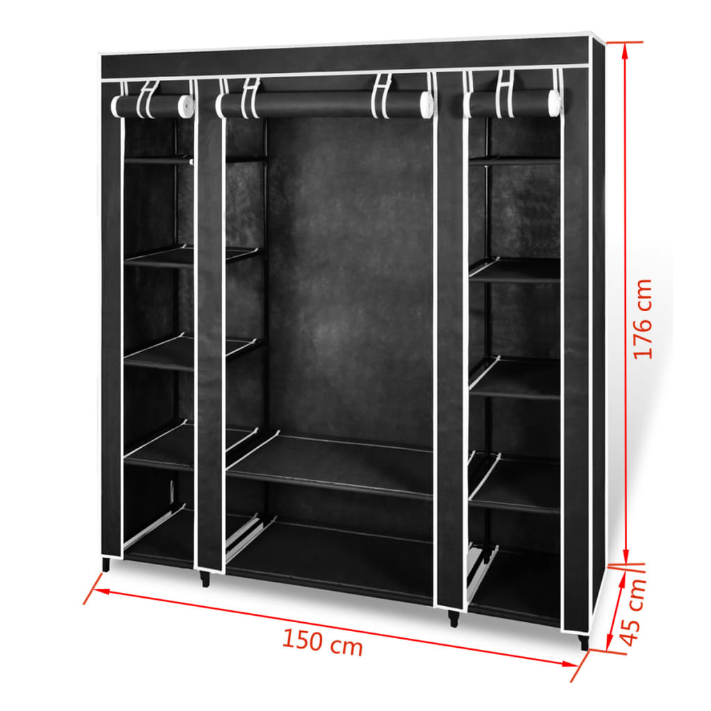 Fabric wardrobe with compartments and rods 45x150x176 cm black