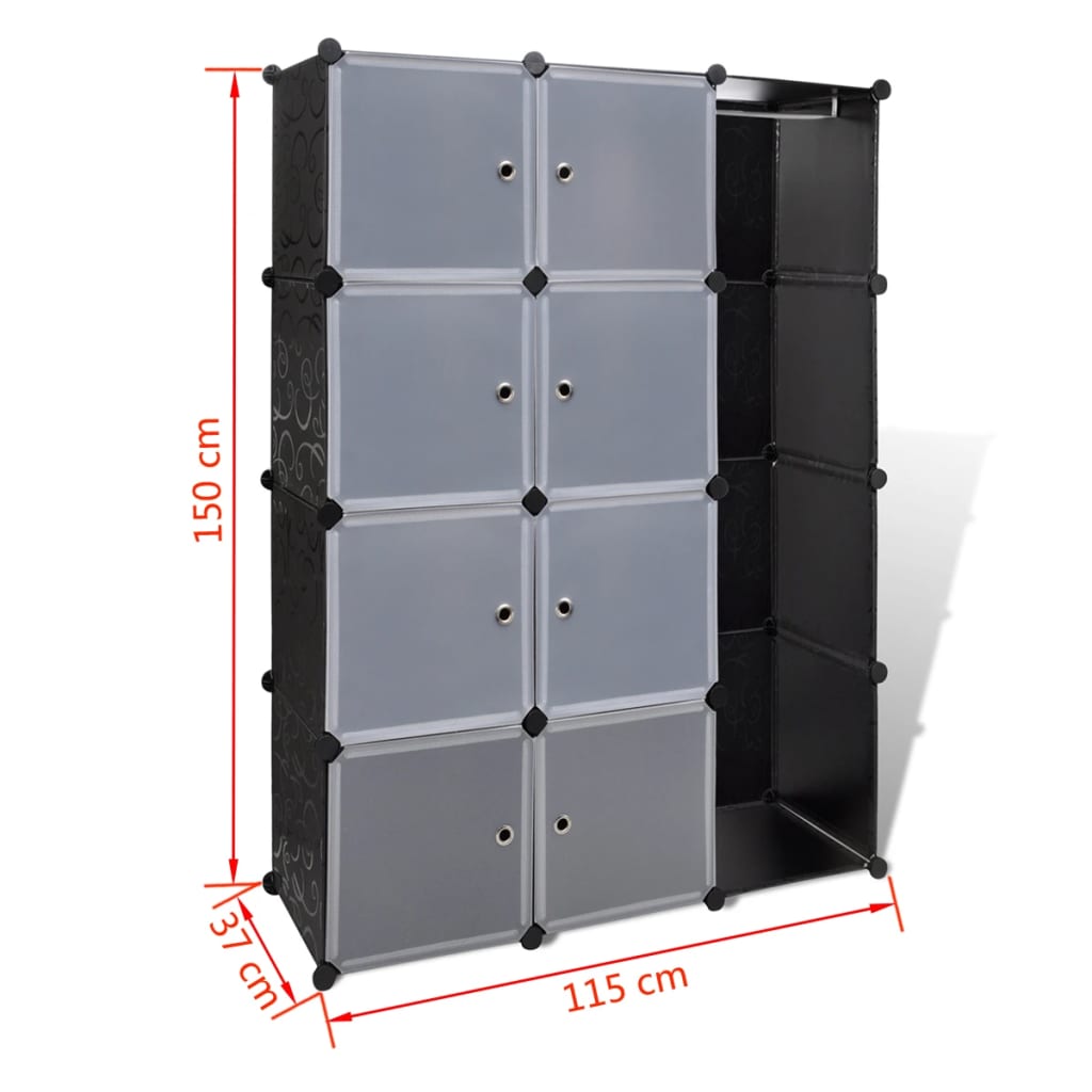 Modular wardrobe with 9 compartments, 109x36.5x143 cm, black and white