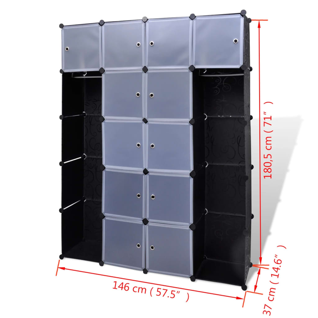 Modular wardrobe 14 compartments black and white 37 x 146 x 180.5 cm