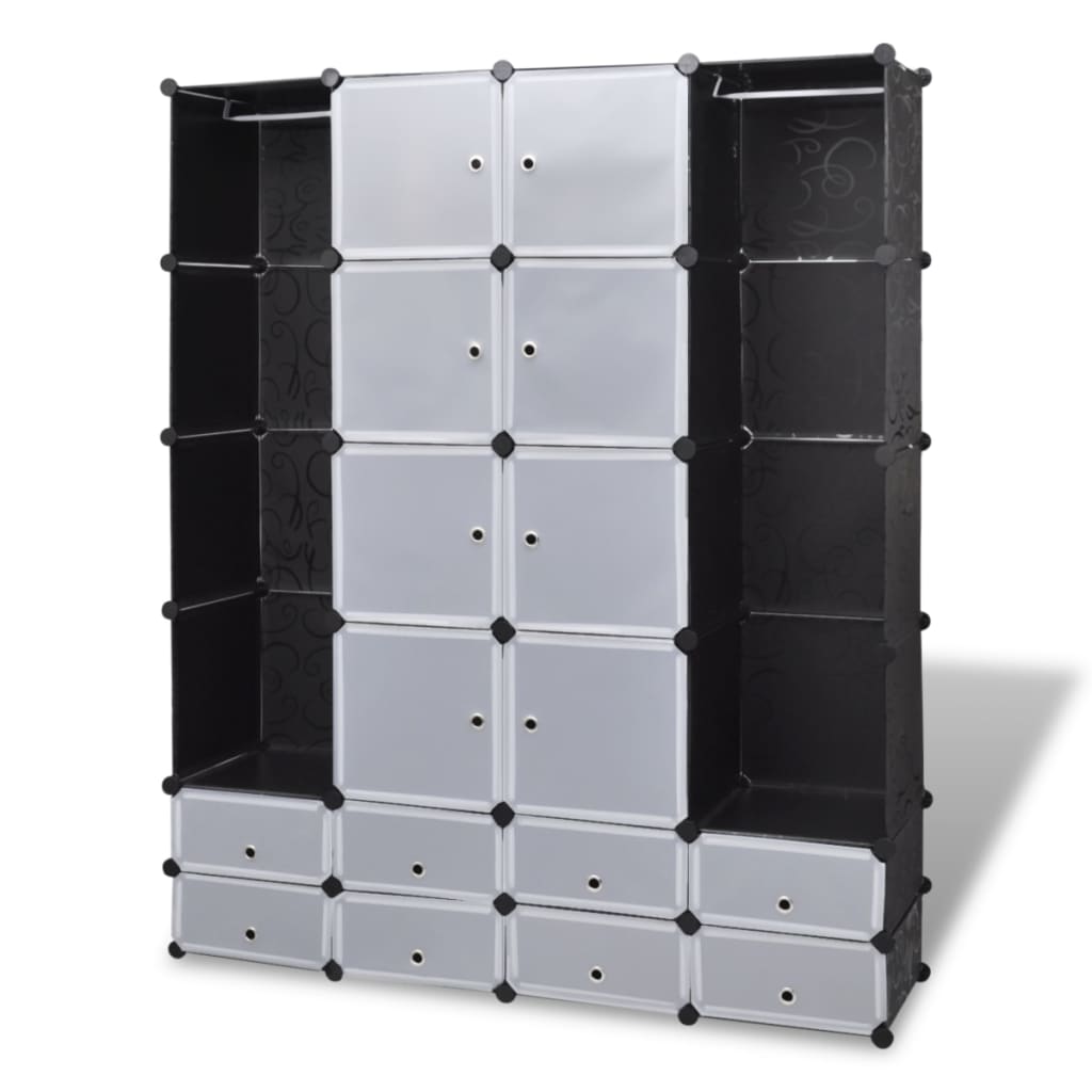 Modular wardrobe with 18 compartments black and white 37x146x180.5 cm