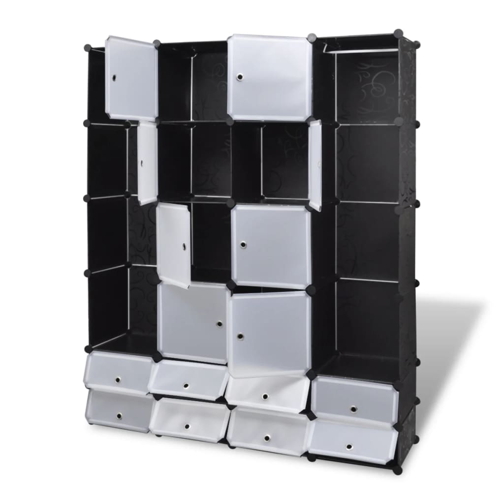 Modular wardrobe with 18 compartments black and white 37x146x180.5 cm