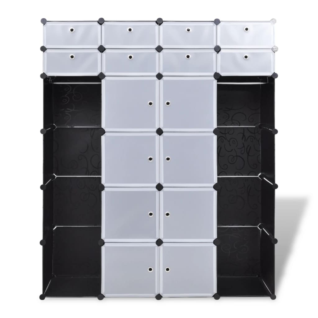 Modular wardrobe with 18 compartments black and white 37x146x180.5 cm