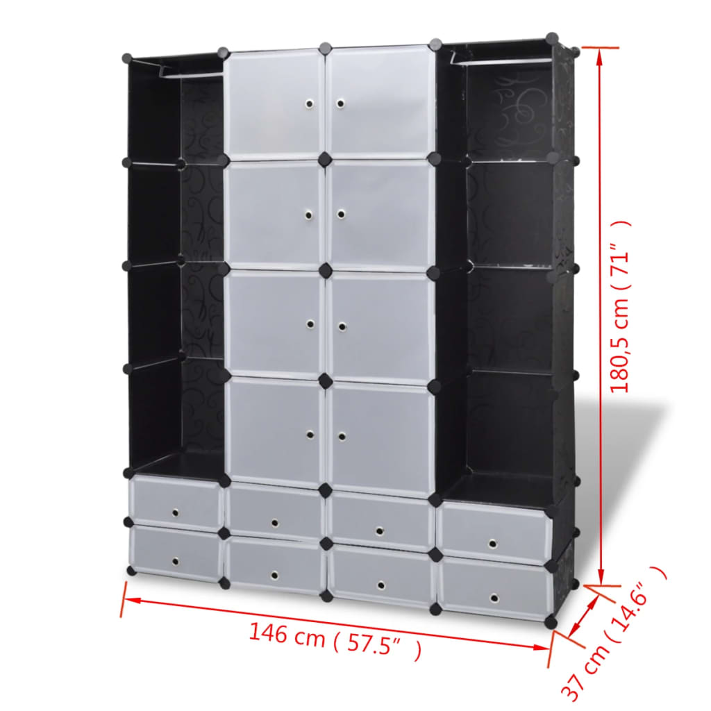 Modular wardrobe with 18 compartments black and white 37x146x180.5 cm