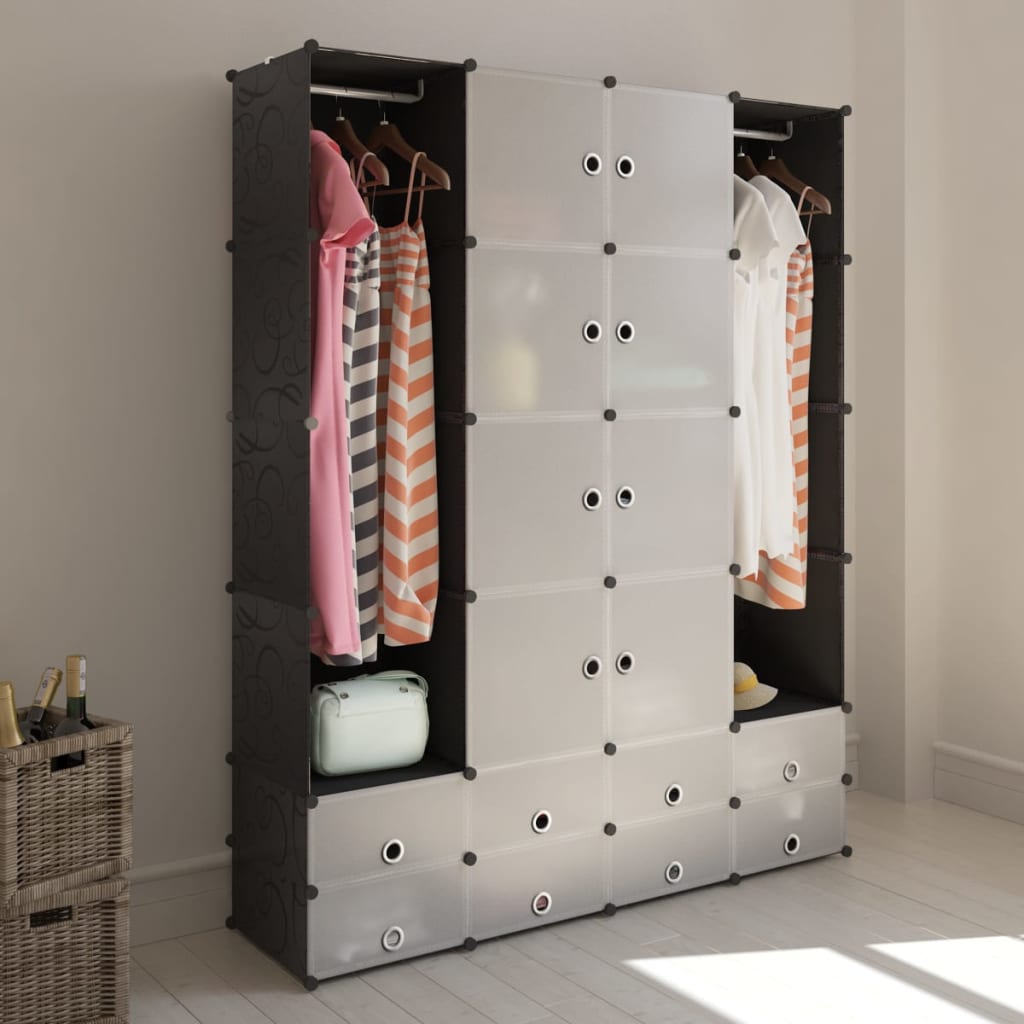 Modular wardrobe with 18 compartments black and white 37x146x180.5 cm