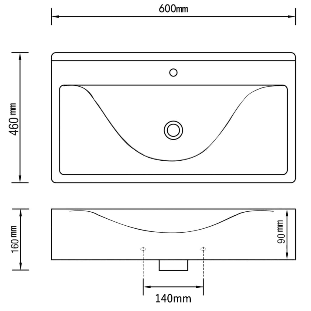 Rectangular ceramic sink with overflow and drain 60x46 cm