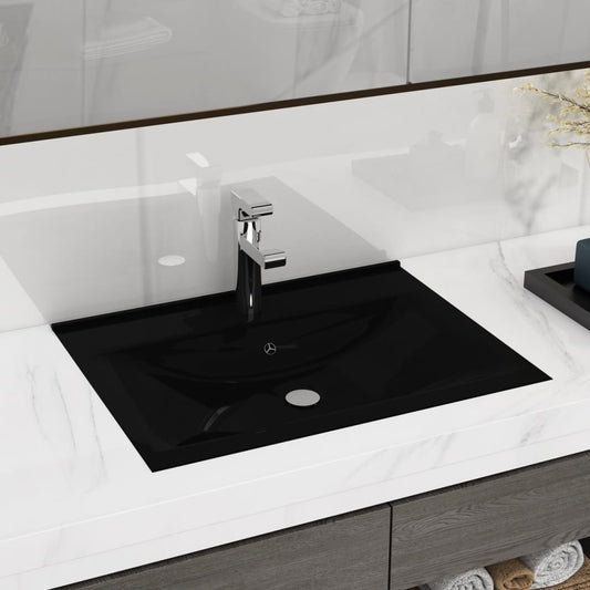 Rectangular ceramic sink, tap place, black, 60x46 cm