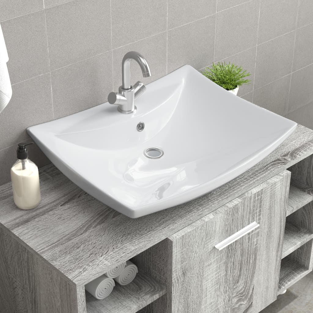 Rectangular sink with overflow &amp; tap hole, ceramic