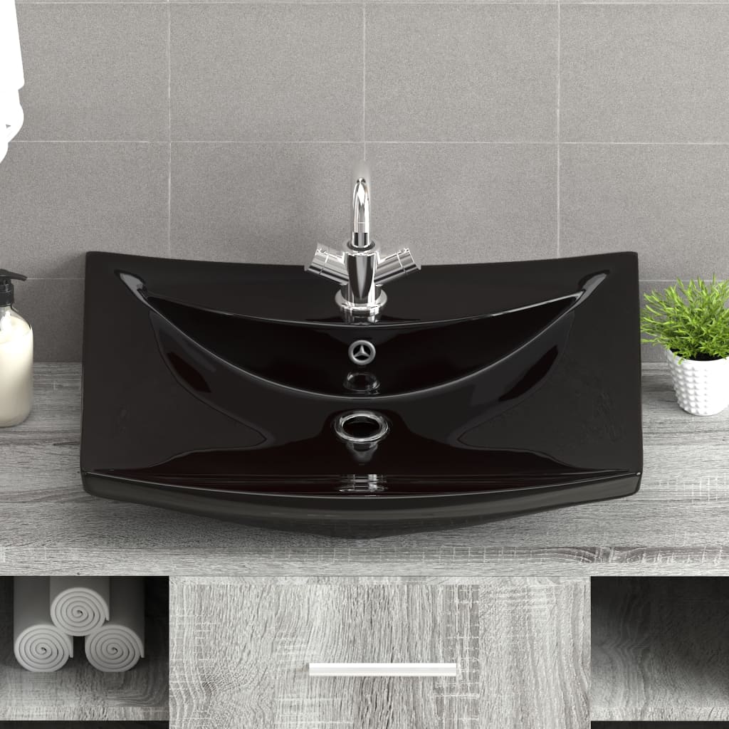 Rectangular sink with overflow &amp; tap hole, black, luxury ceramic