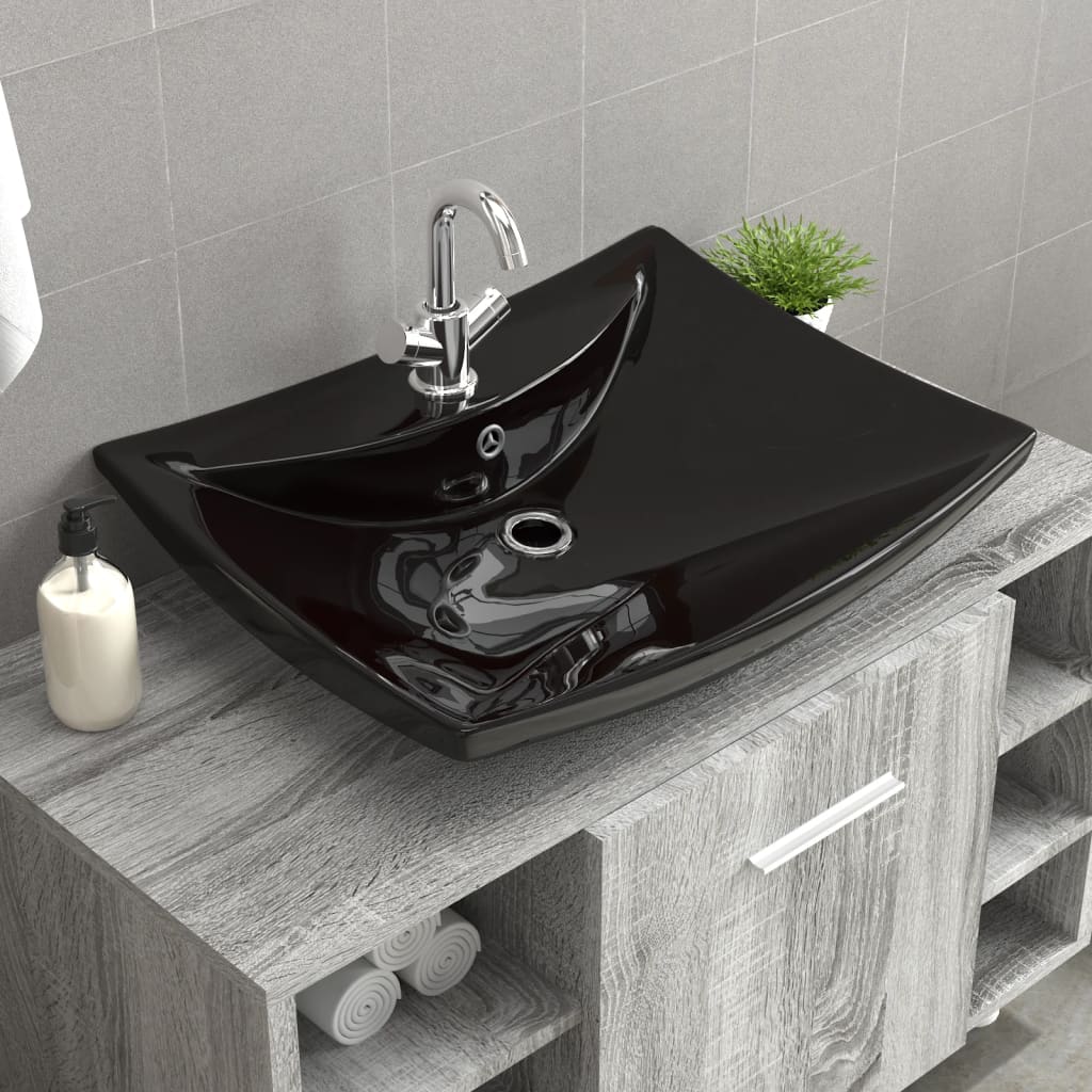 Rectangular sink with overflow &amp; tap hole, black, luxury ceramic