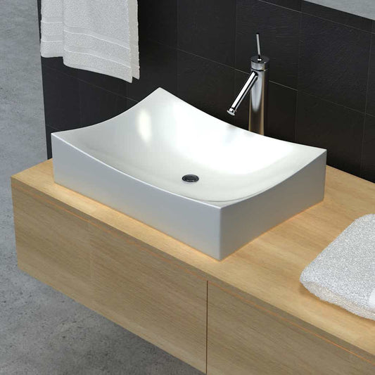 Porcelain ceramic sink for bathroom, artistic design, extra-glossy white