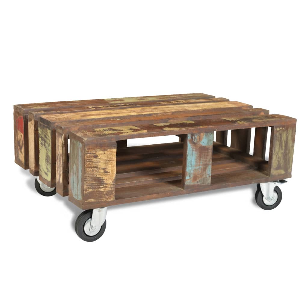 Coffee table with 4 wheels, recycled wood