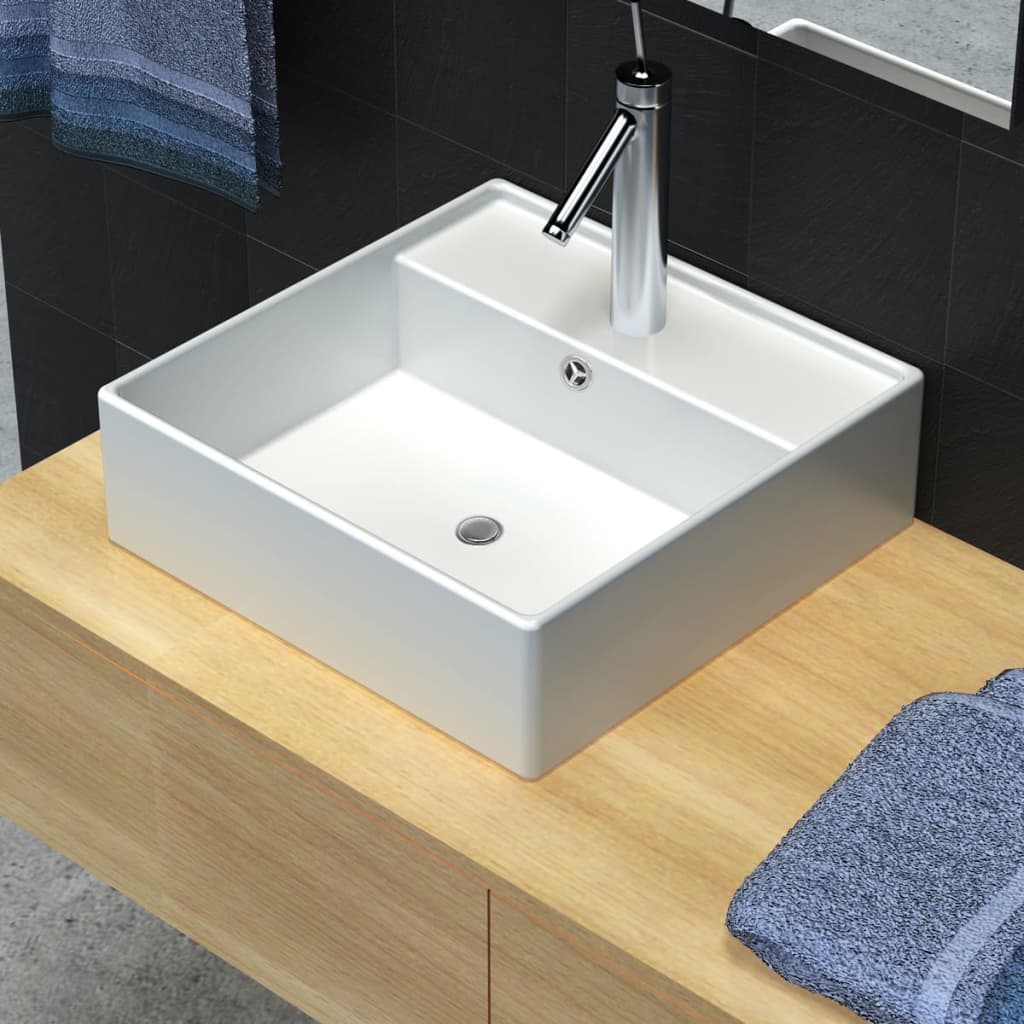 Square ceramic sink with overflow and drain 41 x 41 cm