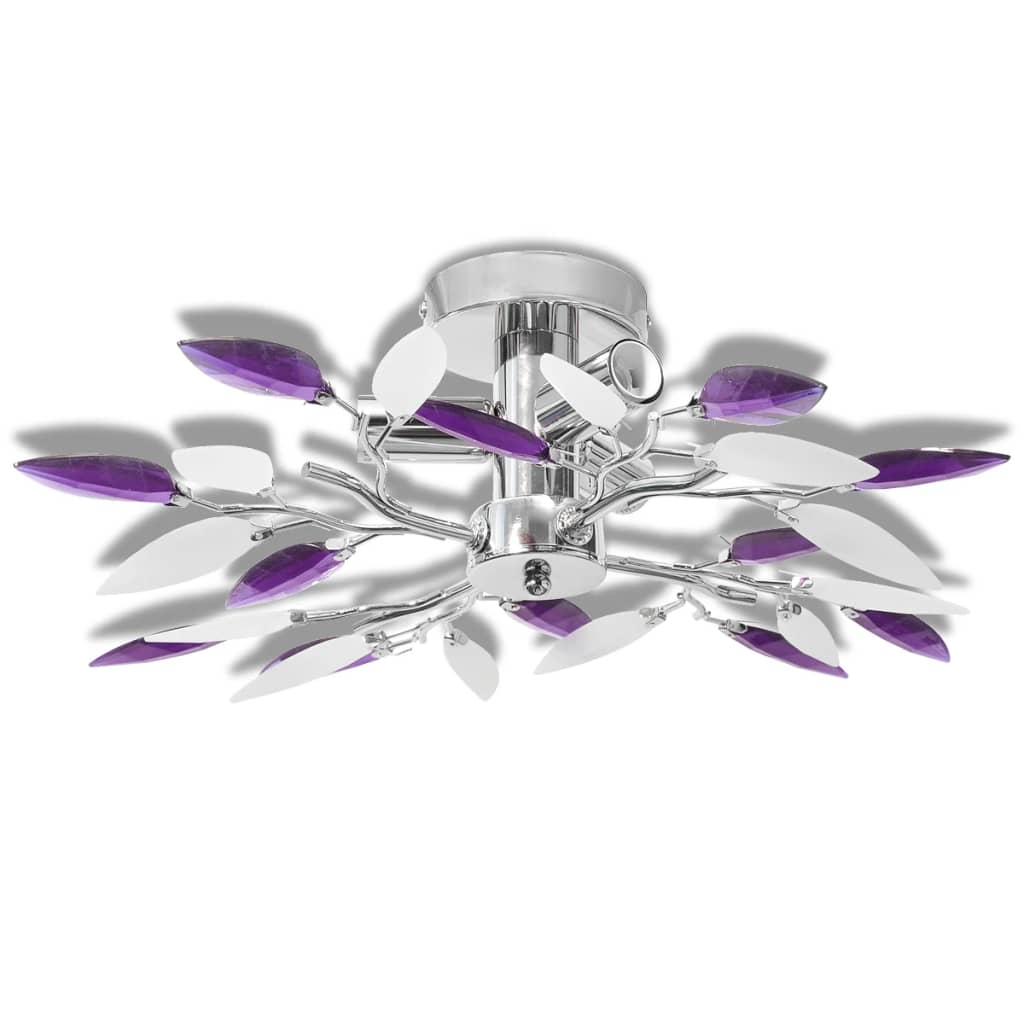 Acrylic crystal leaf chandelier, white/purple, for 3 E14 bulbs