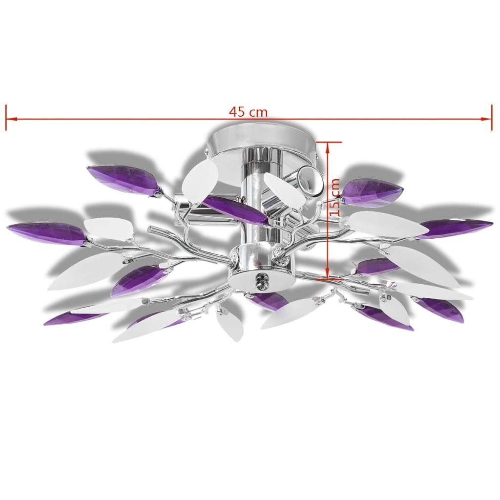 Acrylic crystal leaf chandelier, white/purple, for 3 E14 bulbs