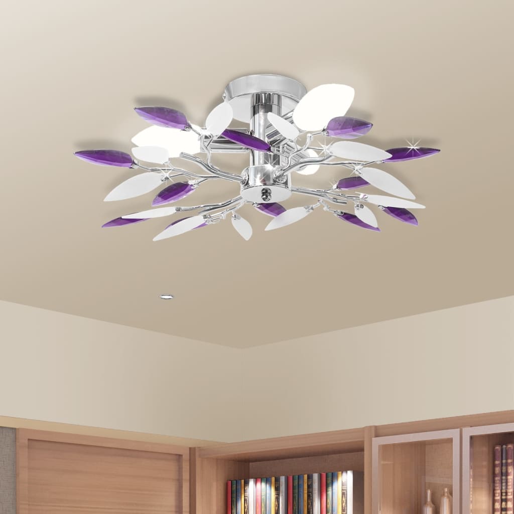 Acrylic crystal leaf chandelier, white/purple, for 3 E14 bulbs