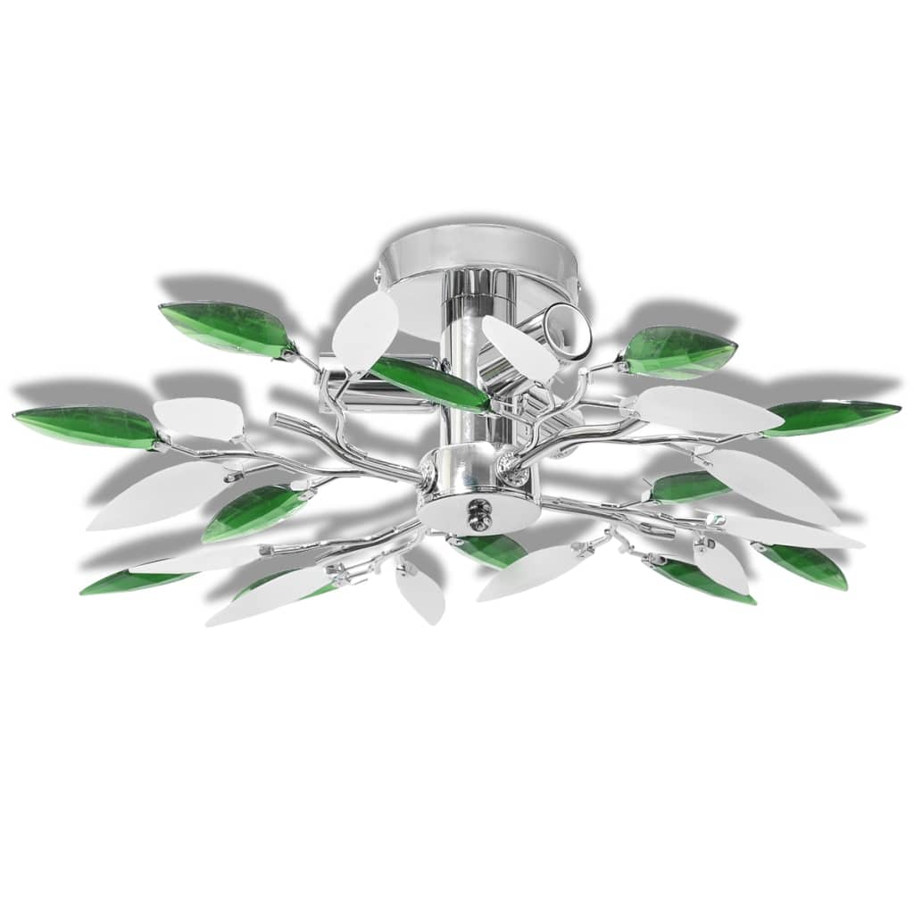 Acrylic crystal leaf chandelier, white/green, for 3 E14 bulbs