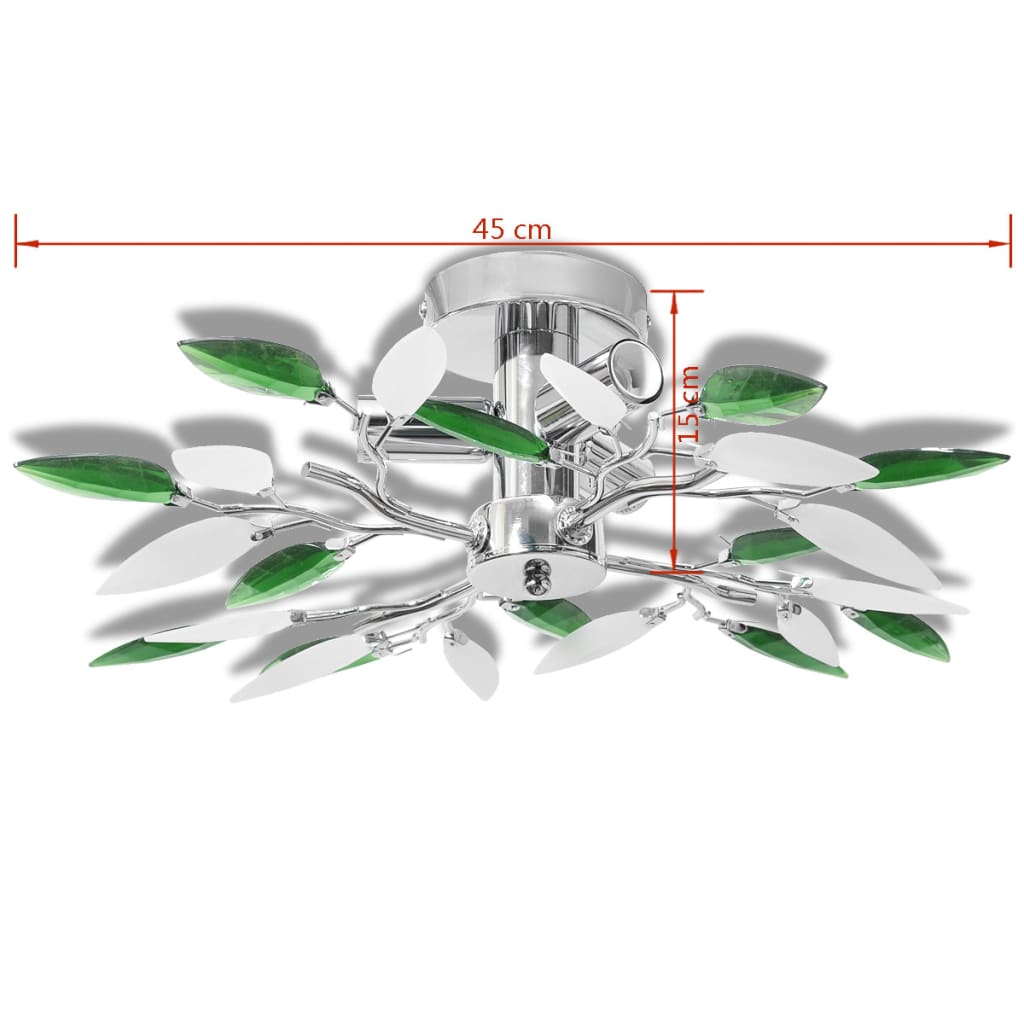 Acrylic crystal leaf chandelier, white/green, for 3 E14 bulbs