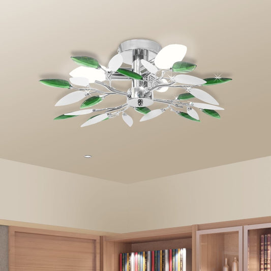 Acrylic crystal leaf chandelier, white/green, for 3 E14 bulbs