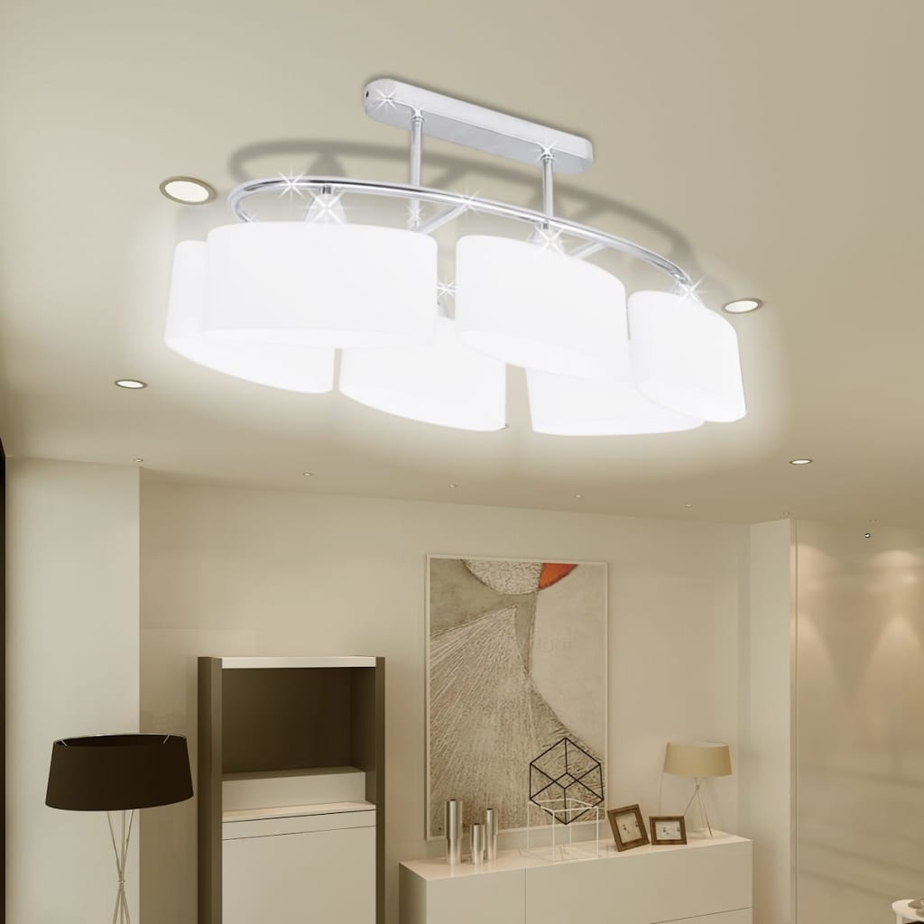 Ceiling lamp with ellipsoidal glass shades, for 6 E14 bulbs