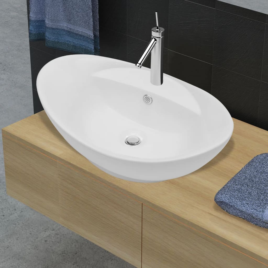 Oval sink with overflow &amp; tap hole, luxury ceramic