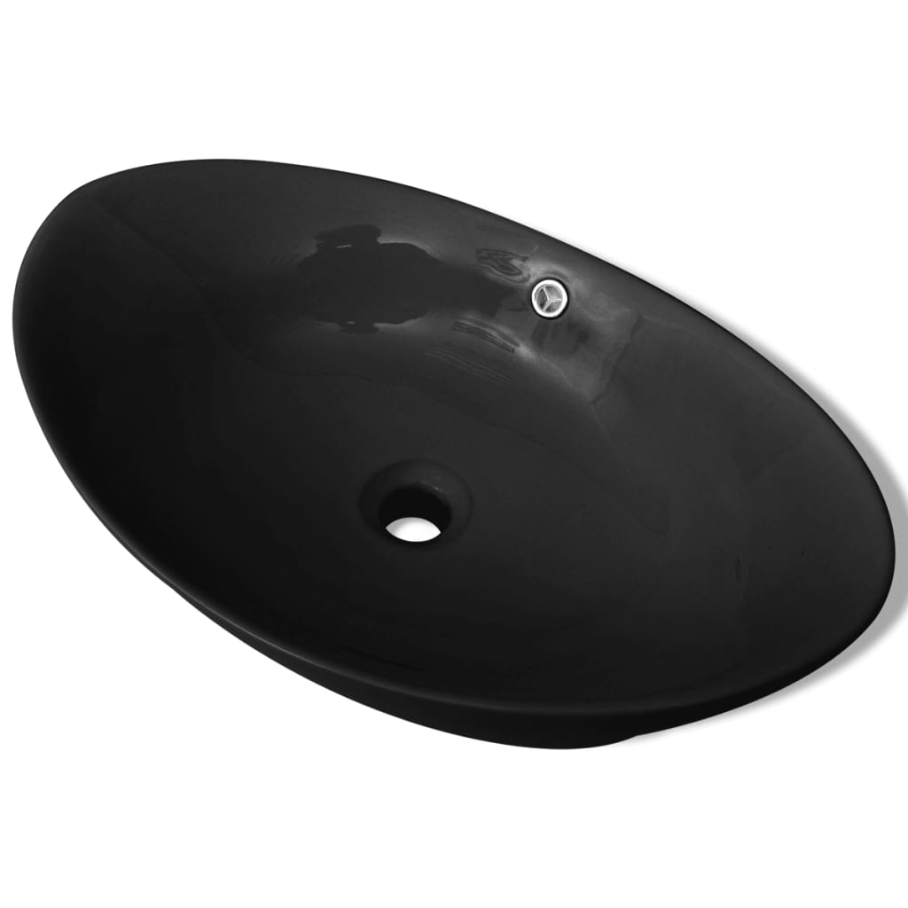 Oval sink with overflow, black, 59 x 38.5 cm, luxury ceramic