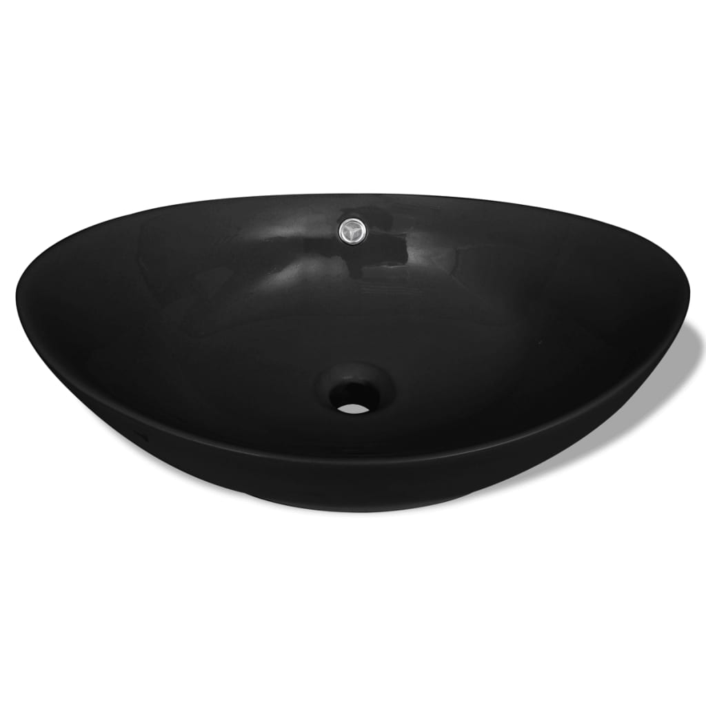 Oval sink with overflow, black, 59 x 38.5 cm, luxury ceramic