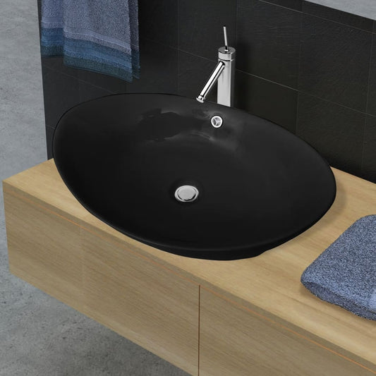 Oval sink with overflow, black, 59 x 38.5 cm, luxury ceramic