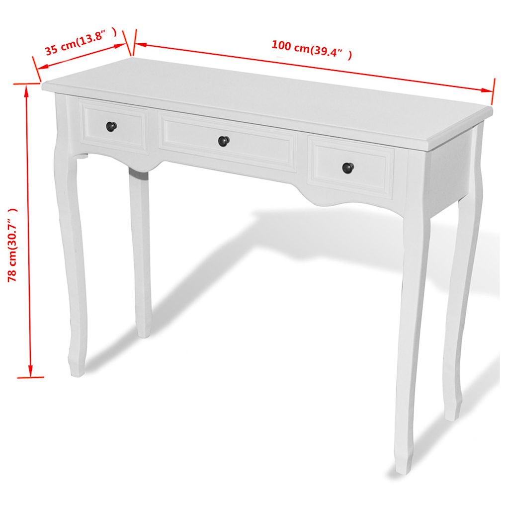 Console dressing table with three drawers, white