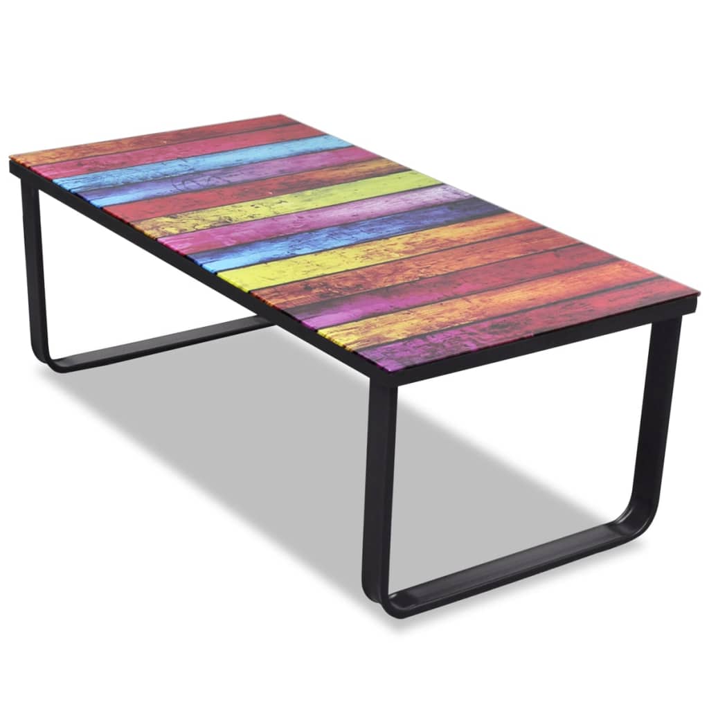 Coffee table with glass top, rainbow pattern