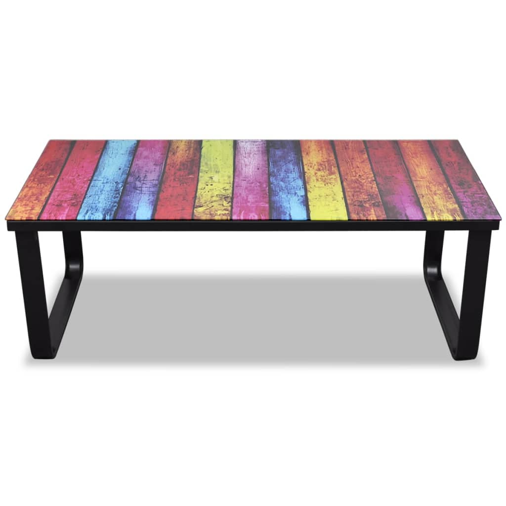 Coffee table with glass top, rainbow pattern