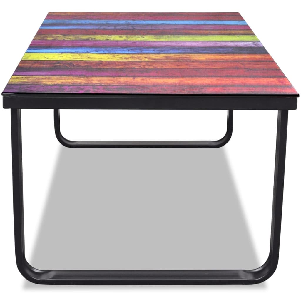 Coffee table with glass top, rainbow pattern