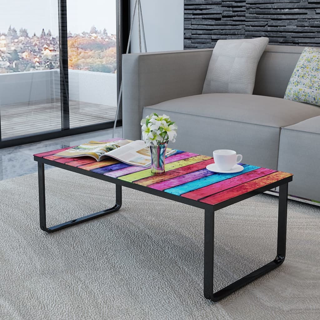 Coffee table with glass top, rainbow pattern