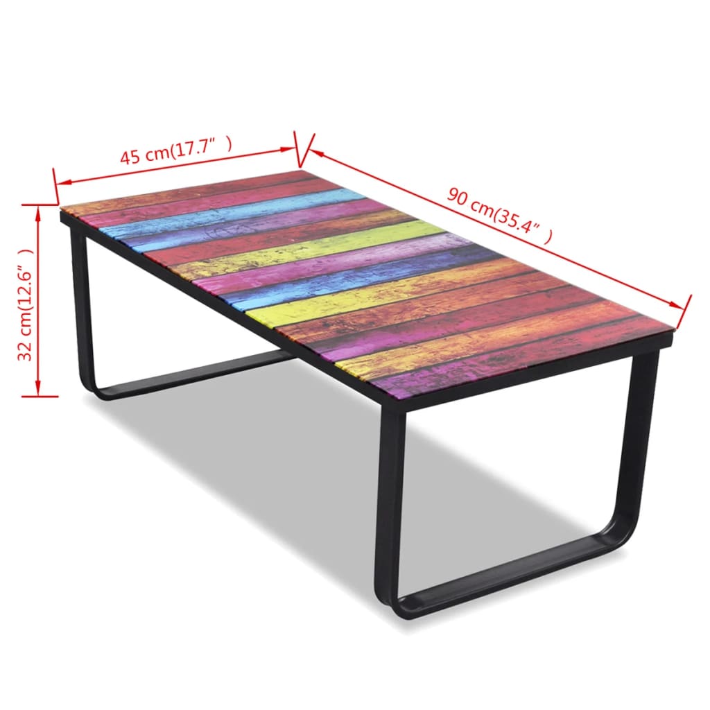 Coffee table with glass top, rainbow pattern