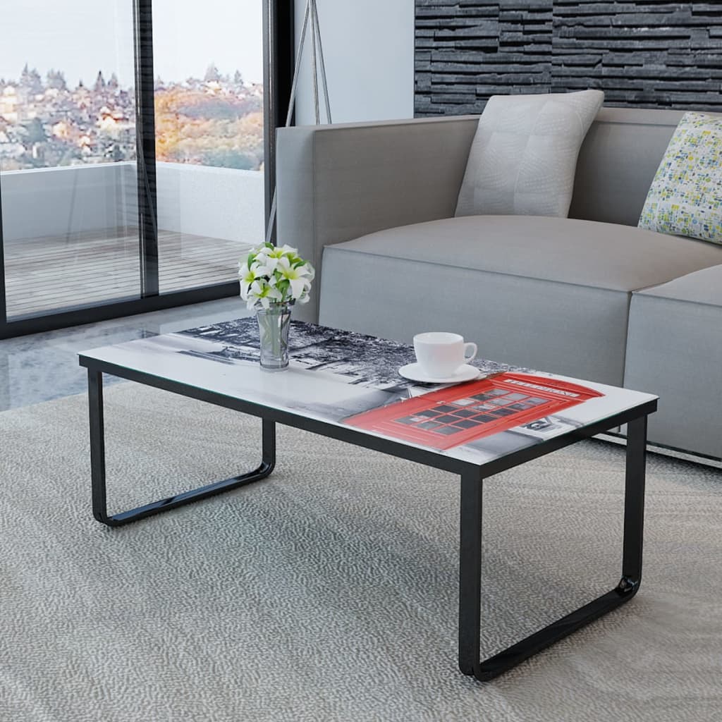 Coffee table with glass top, telephone booth model