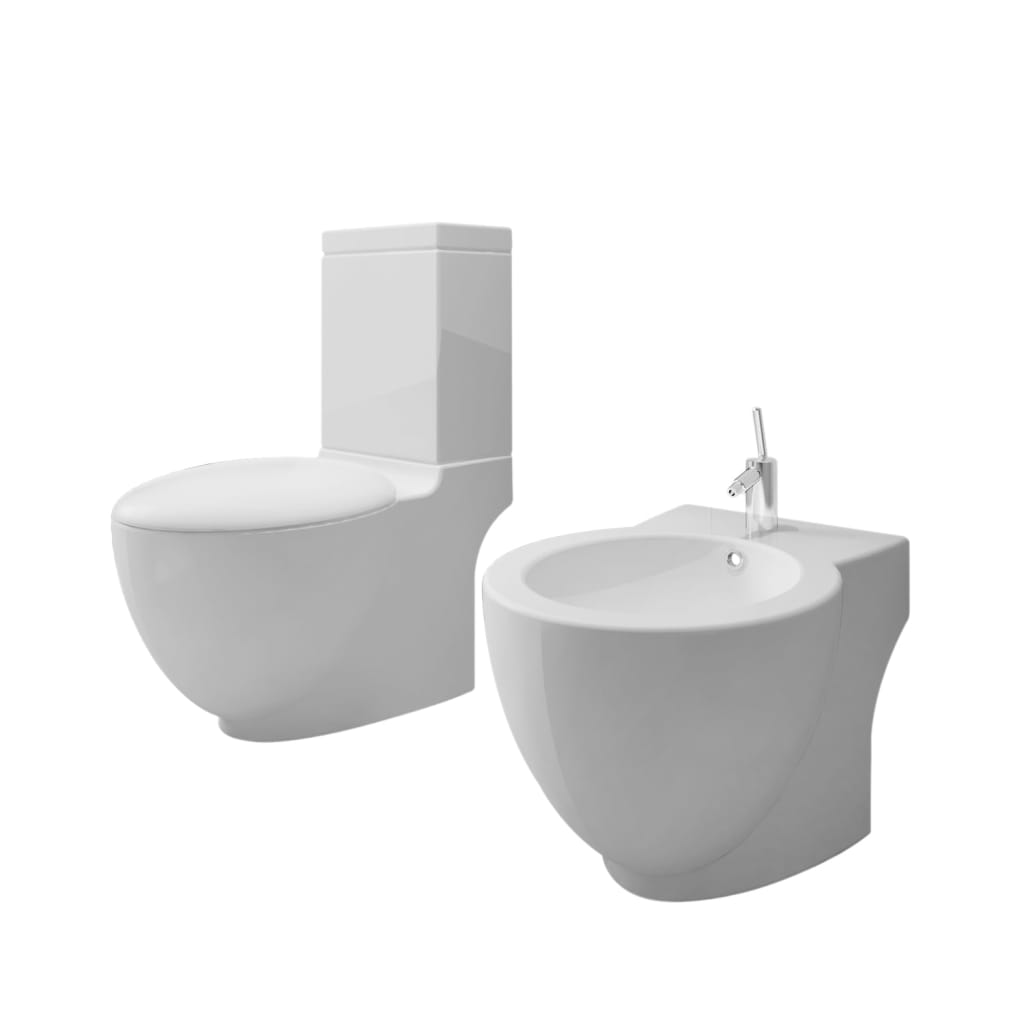 Toilet and bidet set, white ceramic