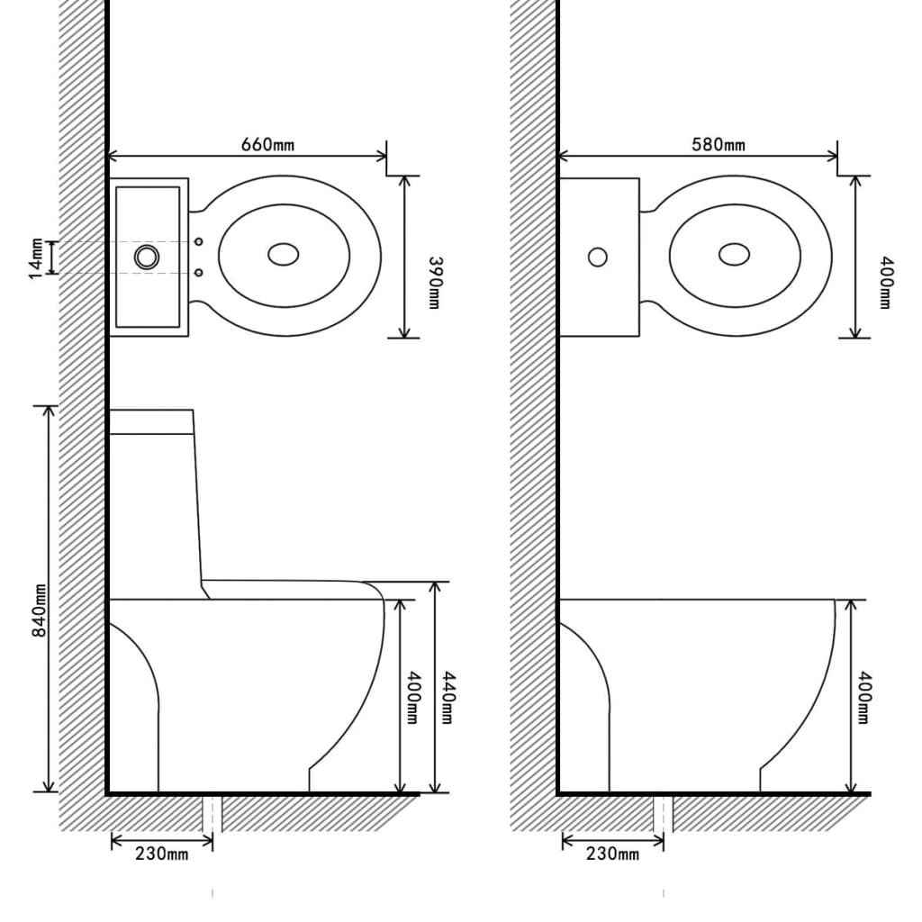 Toilet and bidet set, white ceramic