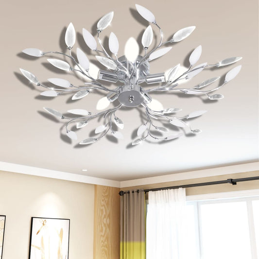 Transparent/white ceiling lamp with acrylic crystal leaf arms, 5 E14 bulbs