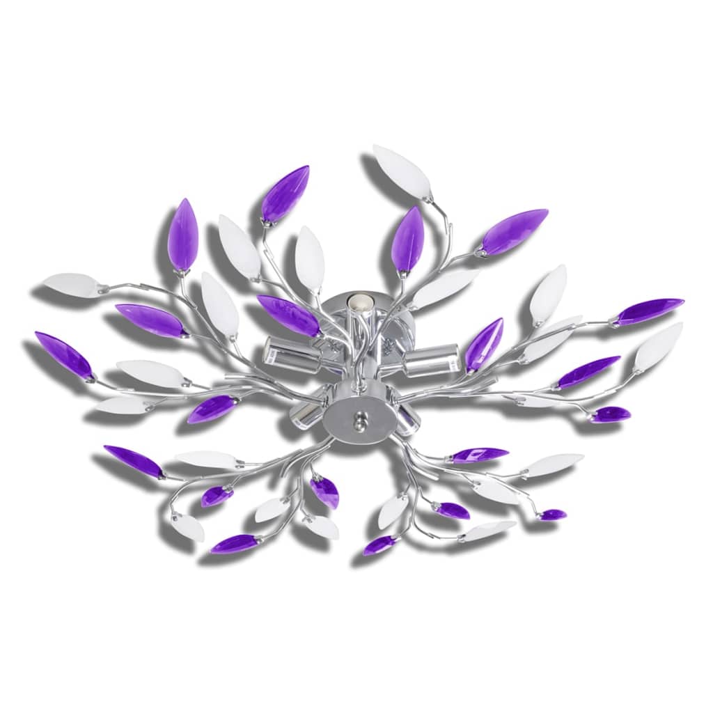 Purple/white ceiling lamp with leaf arms, acrylic crystal, 5 E14 bulbs