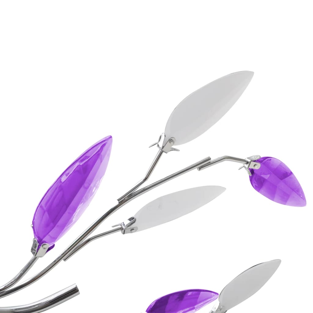 Purple/white ceiling lamp with leaf arms, acrylic crystal, 5 E14 bulbs