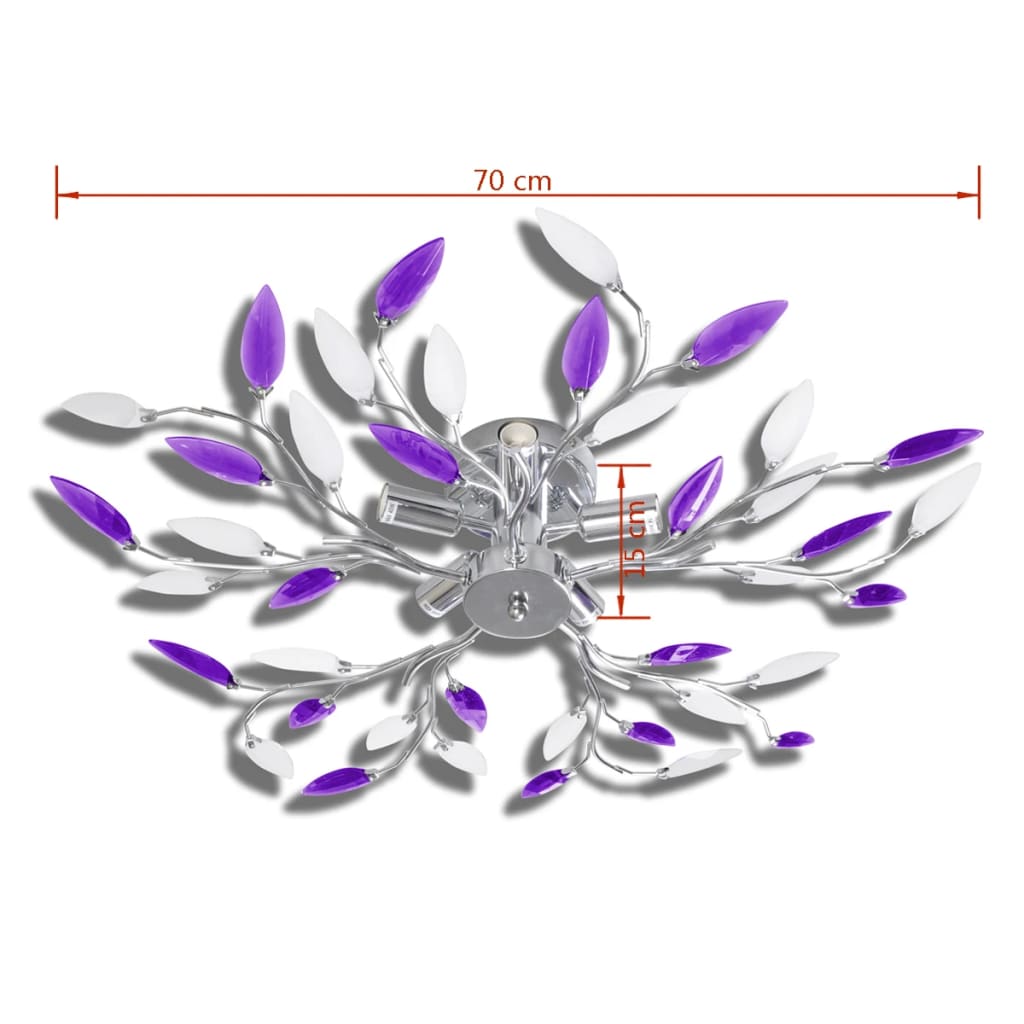 Purple/white ceiling lamp with leaf arms, acrylic crystal, 5 E14 bulbs