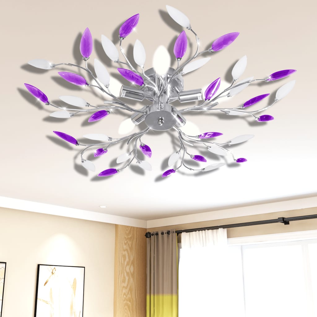 Purple/white ceiling lamp with leaf arms, acrylic crystal, 5 E14 bulbs