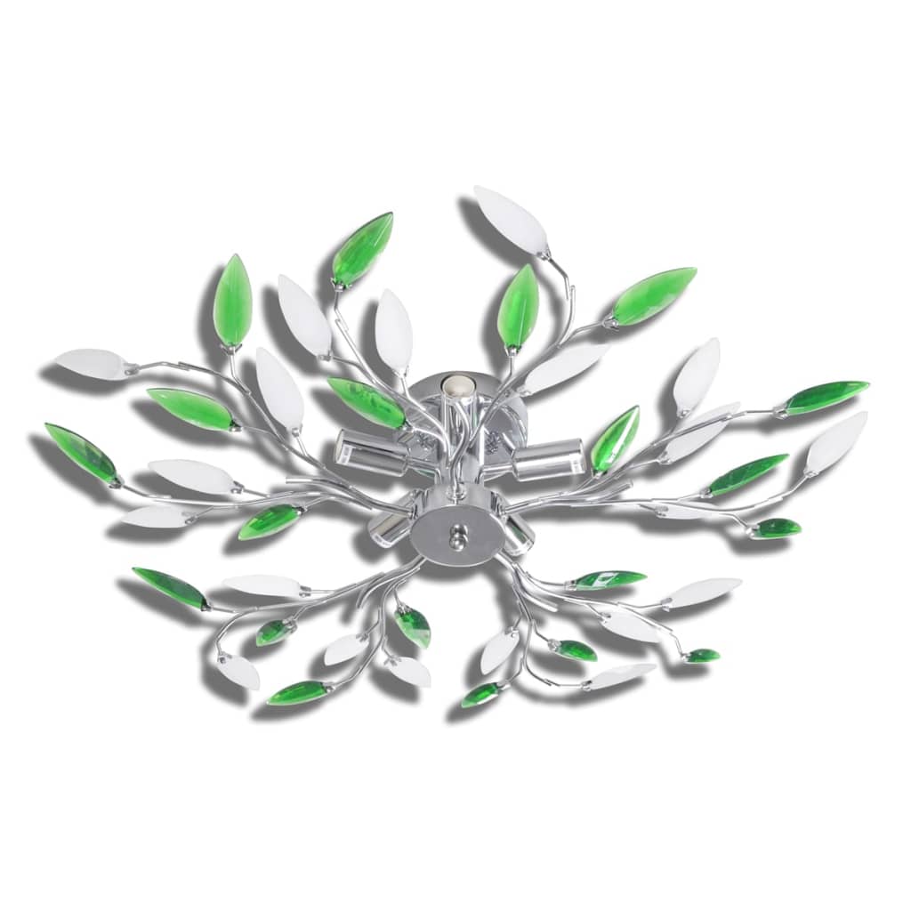 Green/white ceiling lamp, with acrylic crystal leaf arms, 5 E14 bulbs