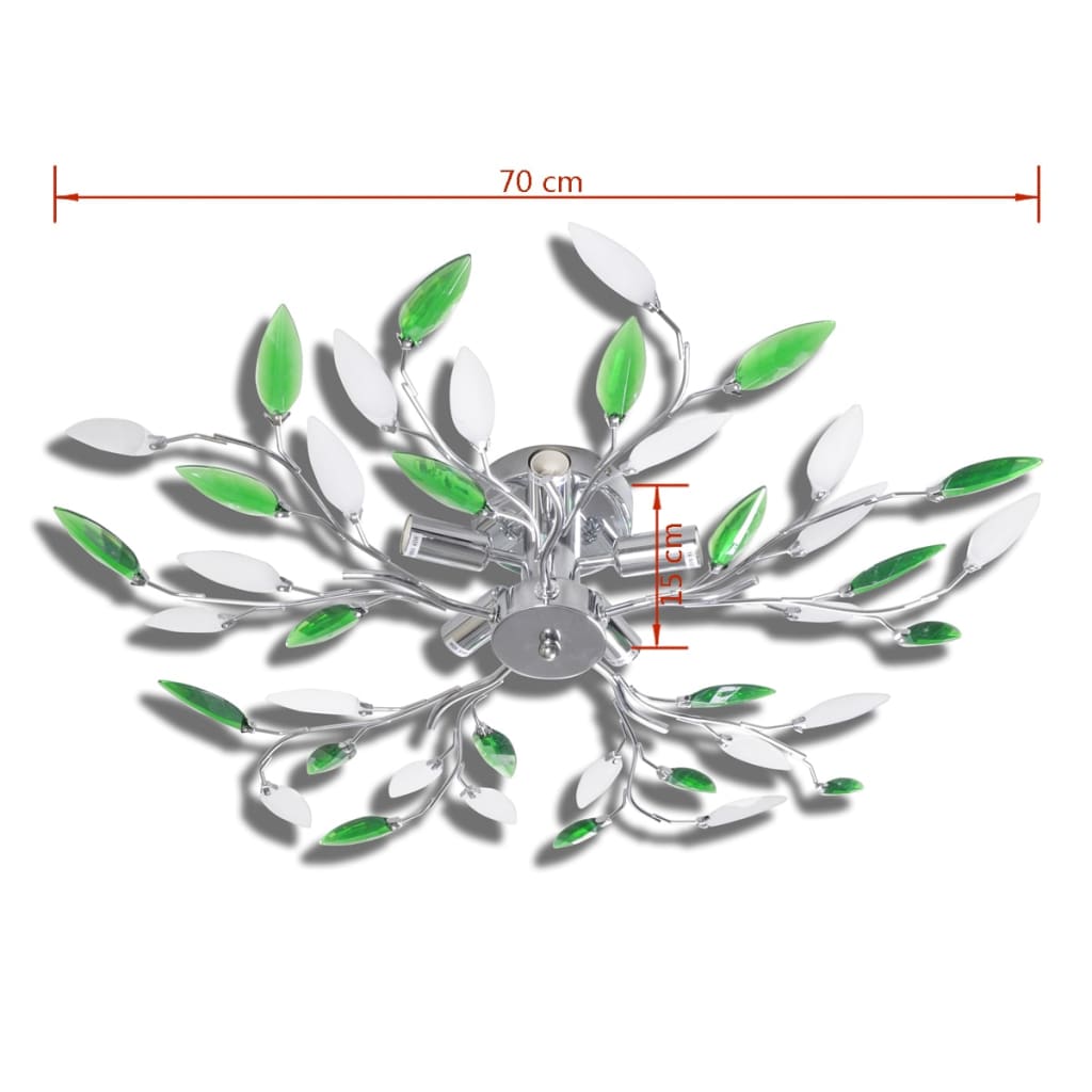 Plafoniera verde/albă, cu brațe frunze cristal acrilic, 5 becuri E14