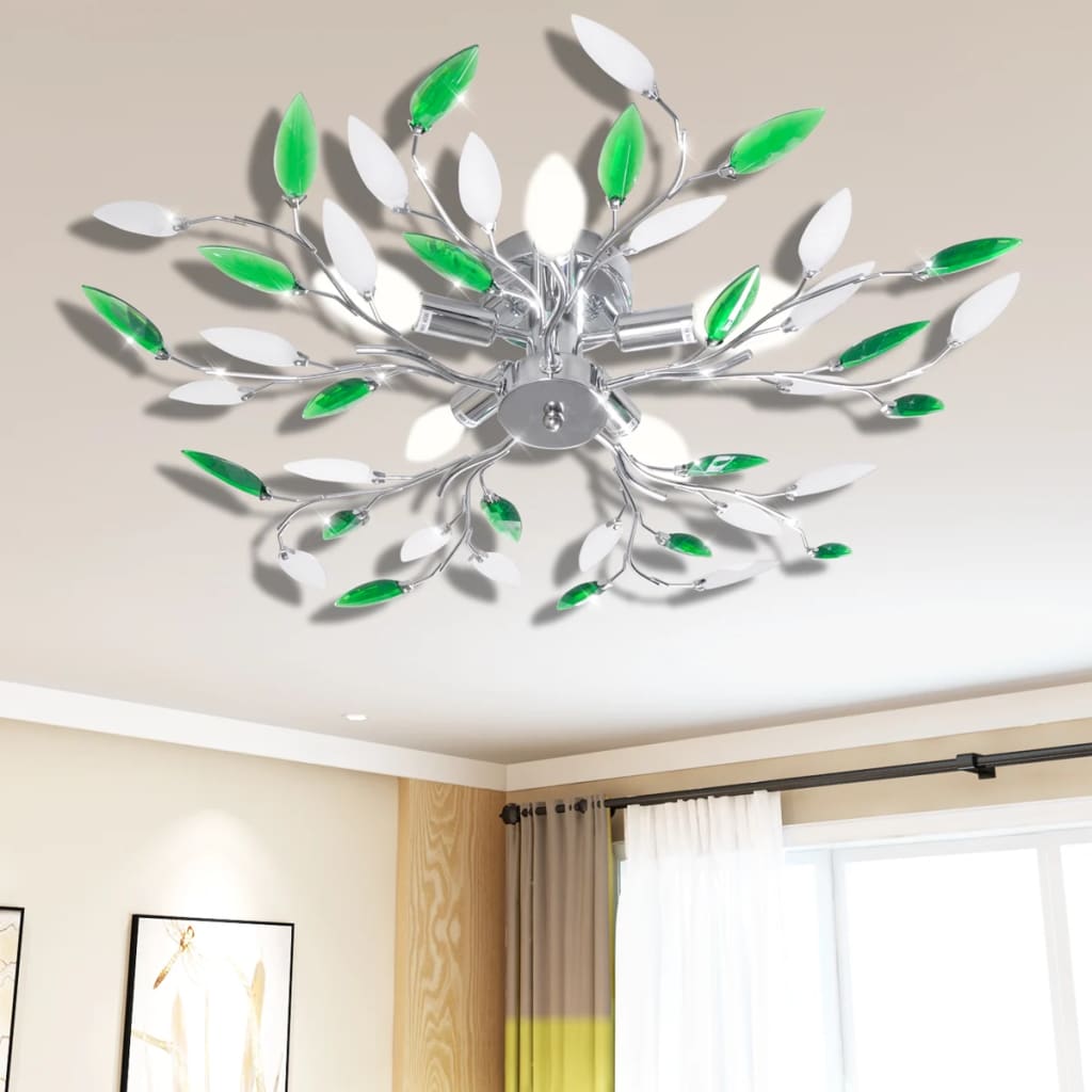 Green/white ceiling lamp, with acrylic crystal leaf arms, 5 E14 bulbs