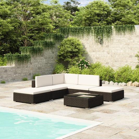 Garden furniture set with cushions, 6 pieces, black, polyrattan