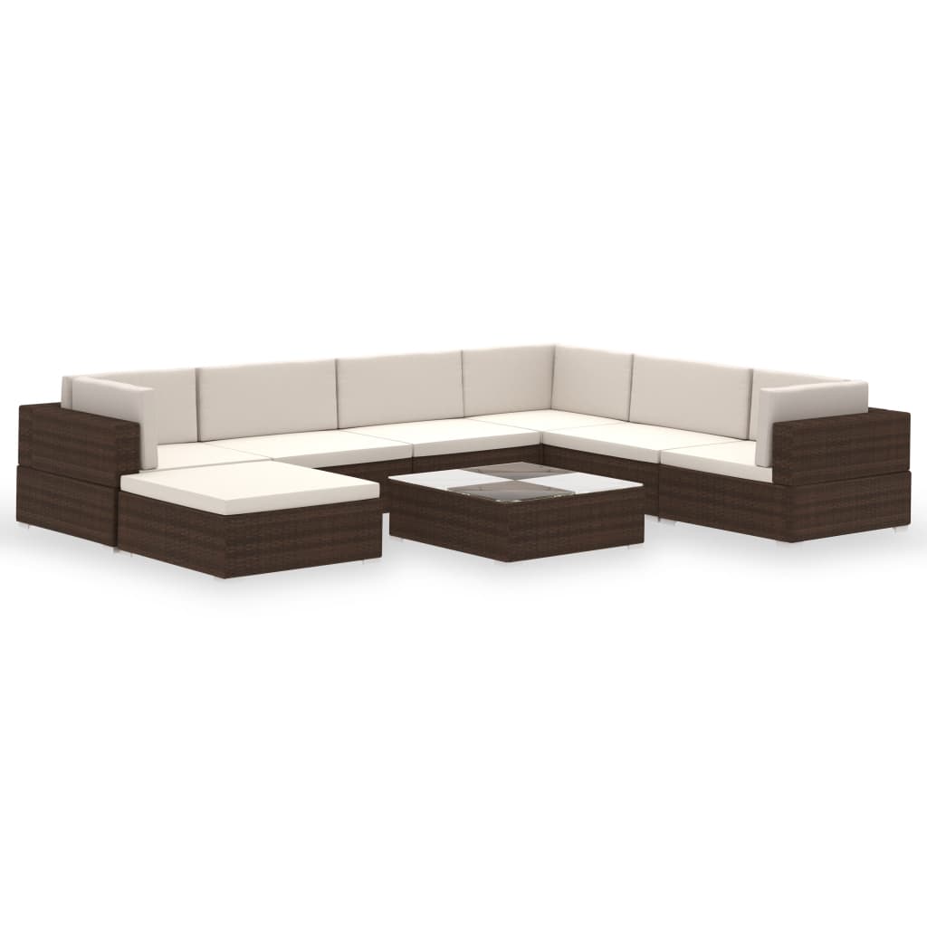 Garden furniture set with cushions, 8 pieces, brown, polyrattan