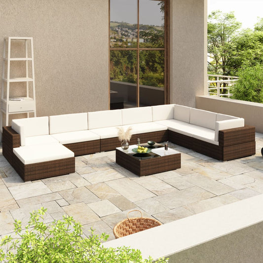 Garden furniture set with cushions, 8 pieces, brown, polyrattan